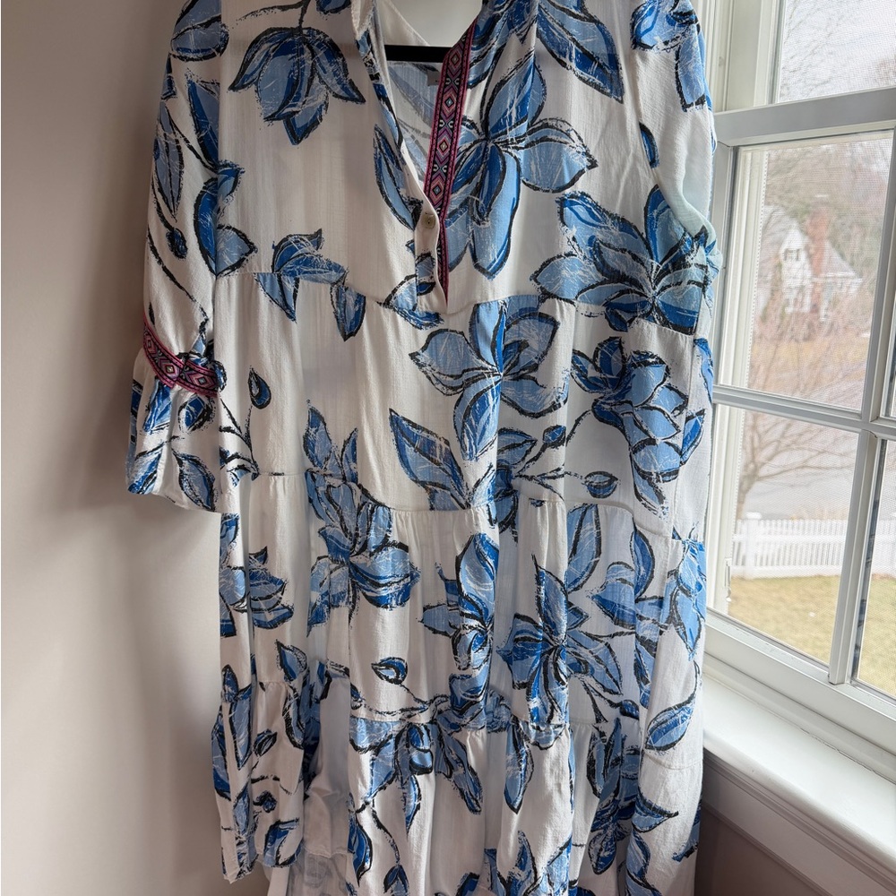 Women’s White Floral Tiered Dress with Blue Print